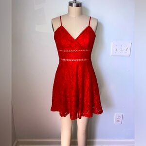 NWOT Mi Ami women’s size M red lace dress with see through waist trims